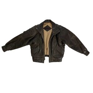 80s Vintage Mirage Leather Bomber Jacket Size M Brown Distressed Zipper Pockets